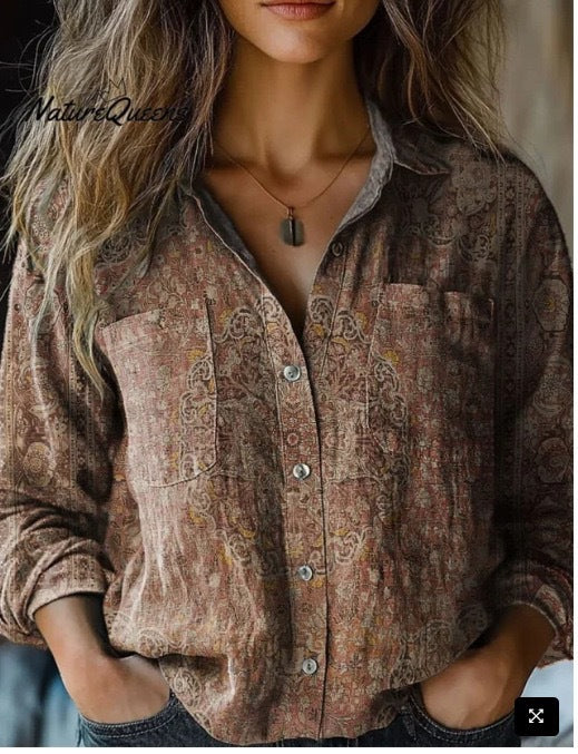 Women's Shirt Printed Linen Fabric Can Be Made Blouse