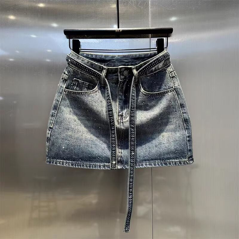 Rhinestone Denim High Waist Sexy A- Skirt