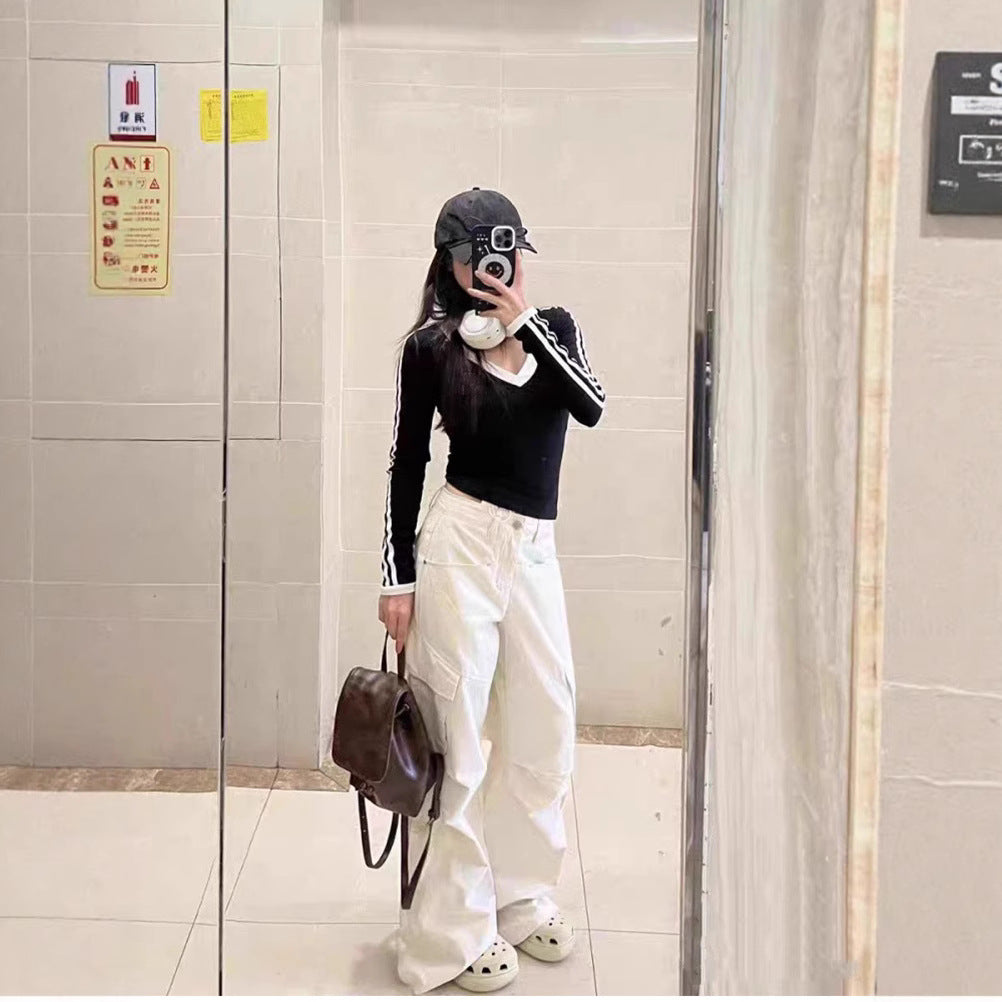 Women's Shoulder Striped Long-sleeved Slim Fit Sweet Women's T-shirt