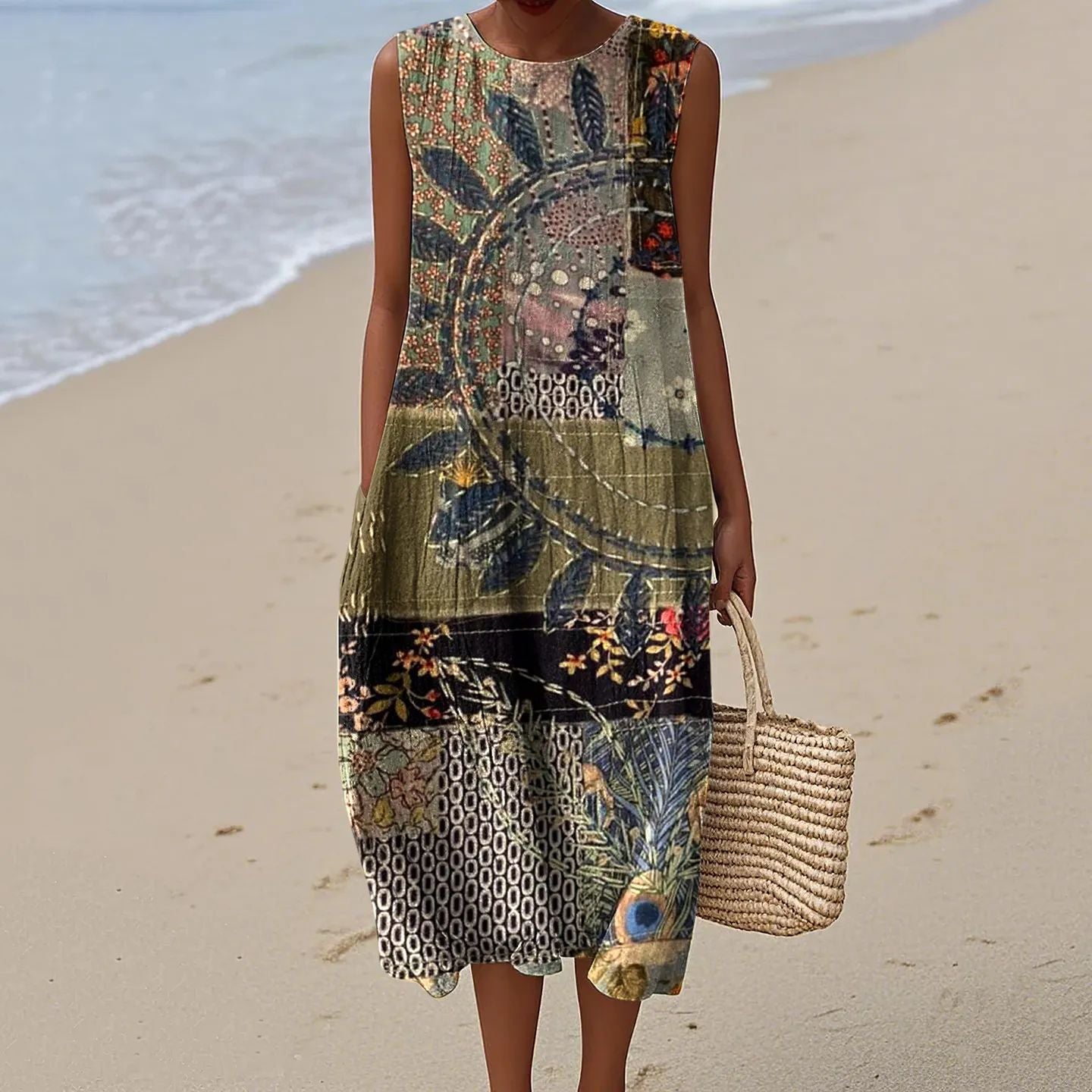 Women's Printed Round Neck Pullover Fashion Casual Dress