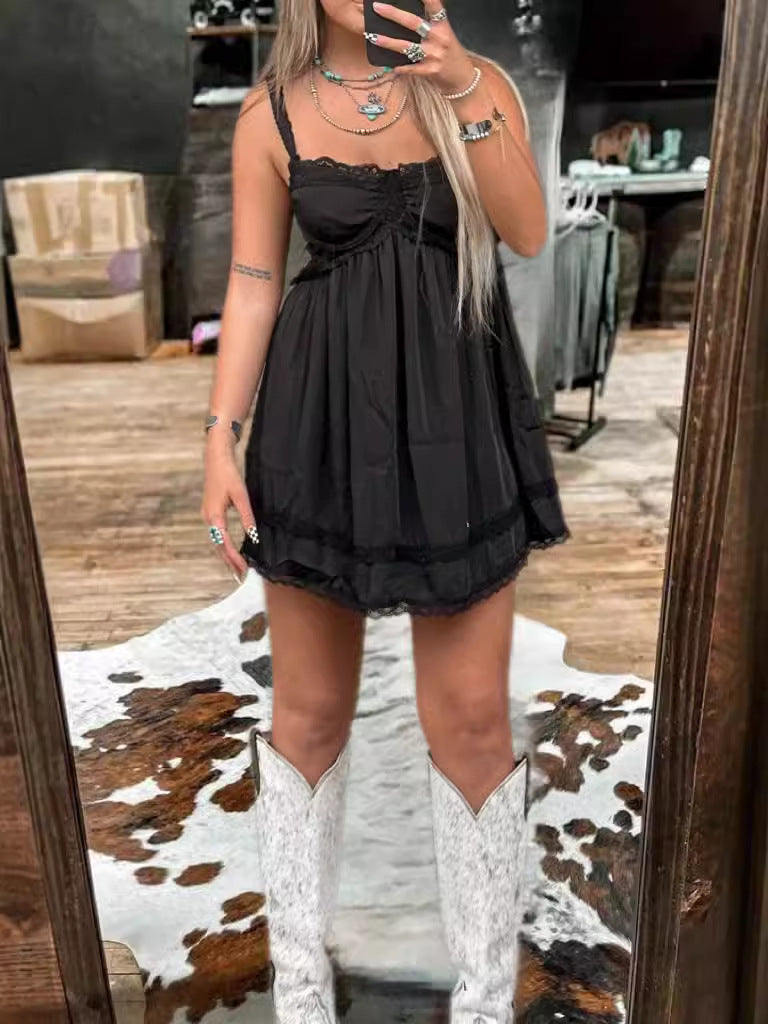 Women's Sleeveless Strap Tube Solid Color Lace Dress