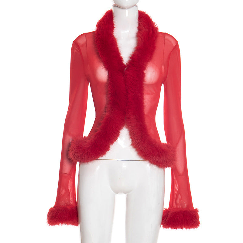 Women's Autumn Pure Color Mesh Frayed Sexy Long-sleeved Outerwear Tops