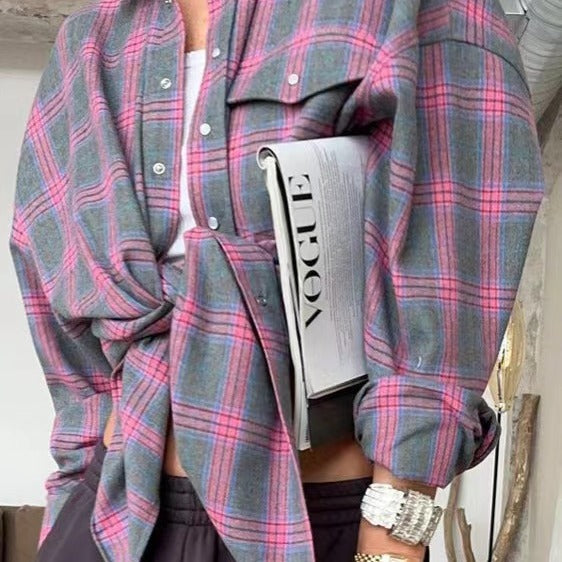 Women's Retro Style Loose Shirt Fashion Plaid Blouse
