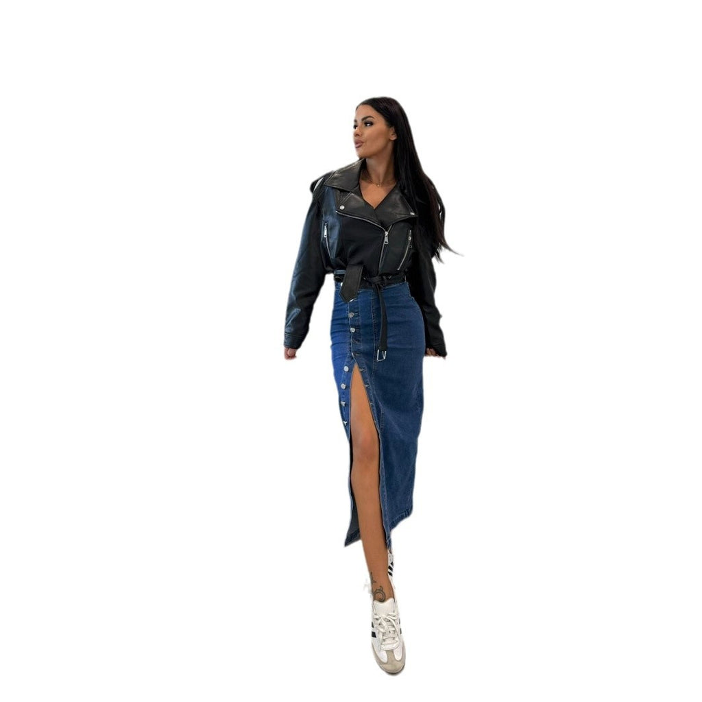 Women's Button Irregular Slit Denim High Waist Sexy Slim Fit Skirt
