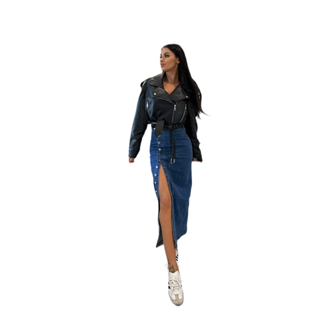Women's Button Irregular Slit Denim High Waist Sexy Slim Fit Skirt