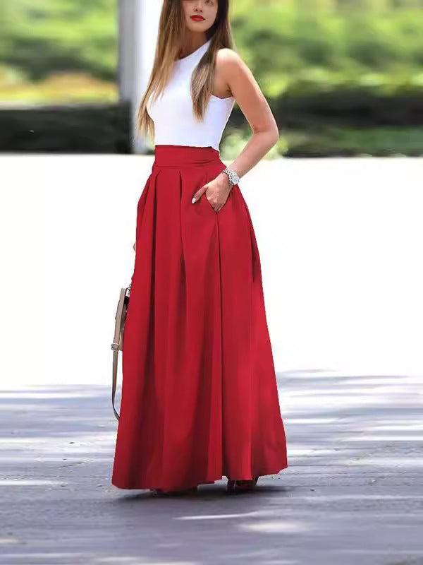 Women's Solid Fashion High Waist Pleated Maxi Skirt