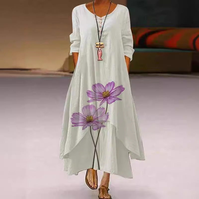 Women's Popular Printed Long-sleeved Hem Irregular Long Dress
