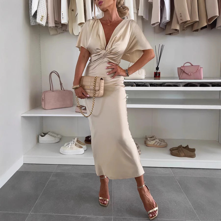 Women's Satin Twisted Chest Batwing Sleeve Loose Vacation Dress