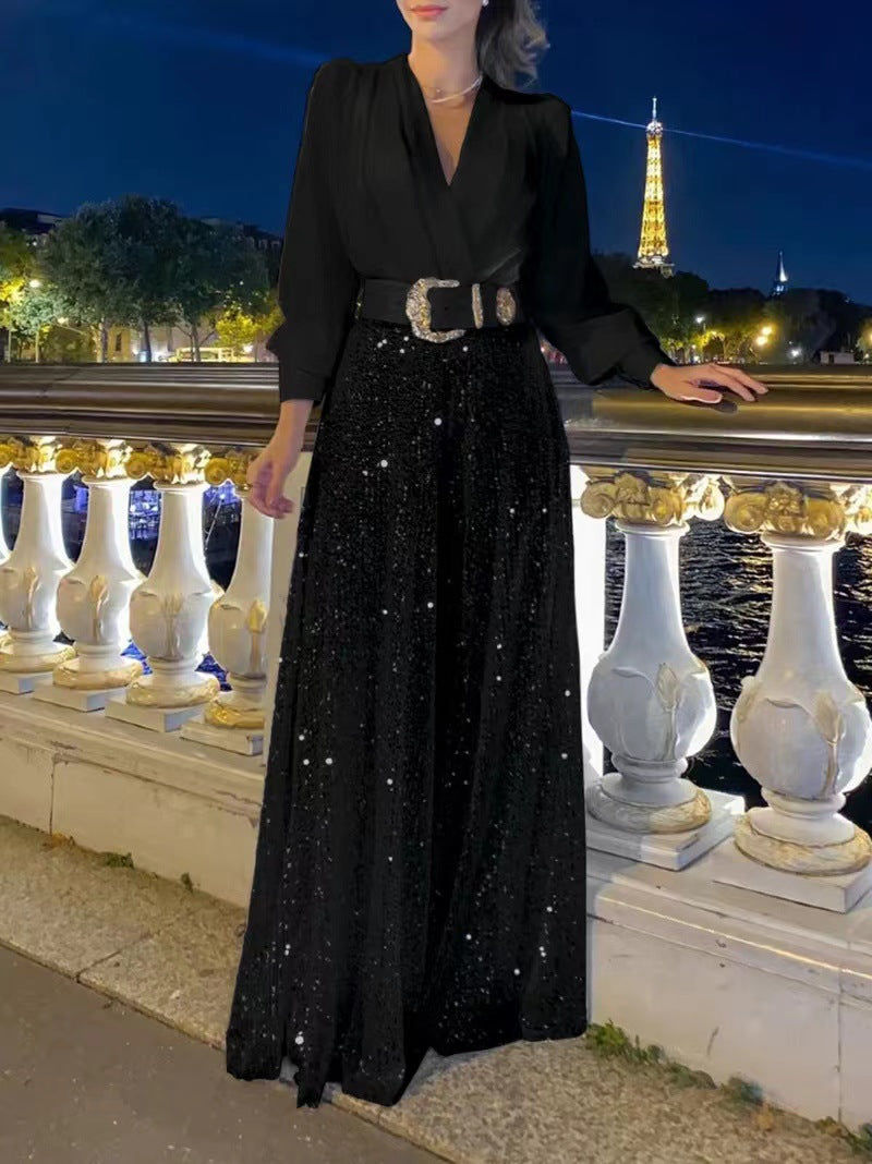 Long Sleeve Elegant Waist Slimming Deep Wide Pants