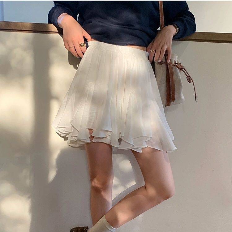 Women's White A- Word Elastic Waist Irregular High Skirts