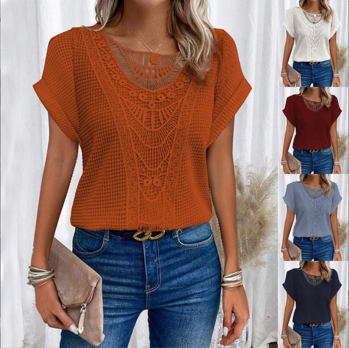 Fashion Beautiful Women's Lace Patchwork Short-sleeved Women's T-shirt