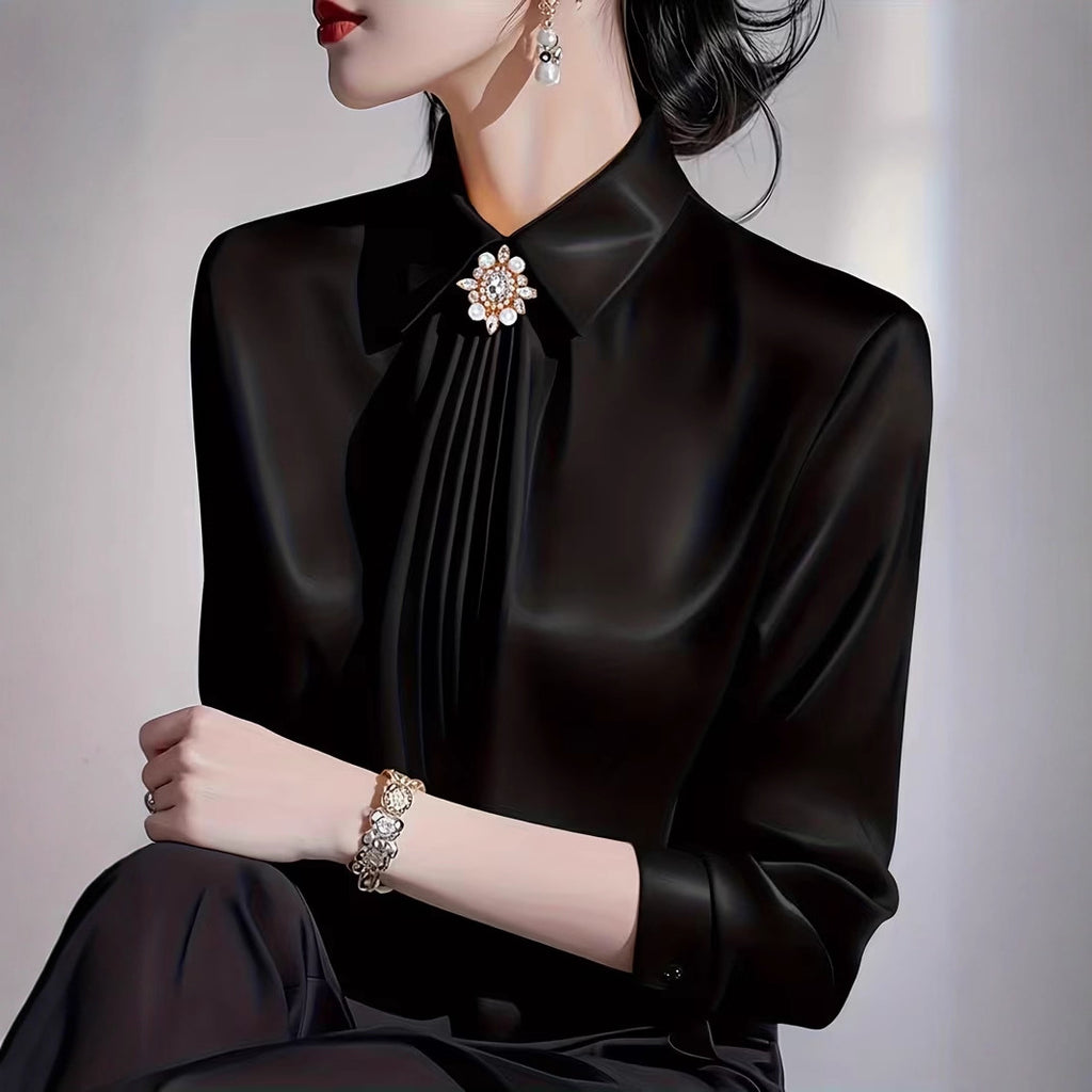 Elegant Graceful Satin Shirt Pleated Long Sleeve Leisure Blouse
