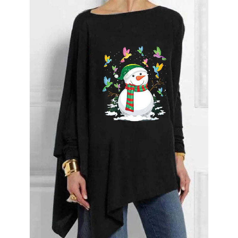 Autumn Irregular Hem Loose Casual Print Batwing Sleeve Bottoming Women's T-shirt