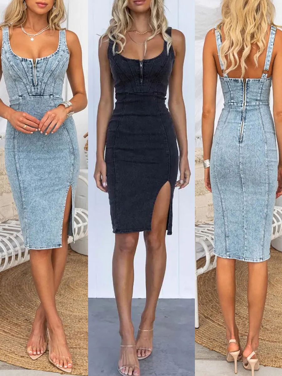 Sleeve Sling Distressed Casual Style Denim Dress