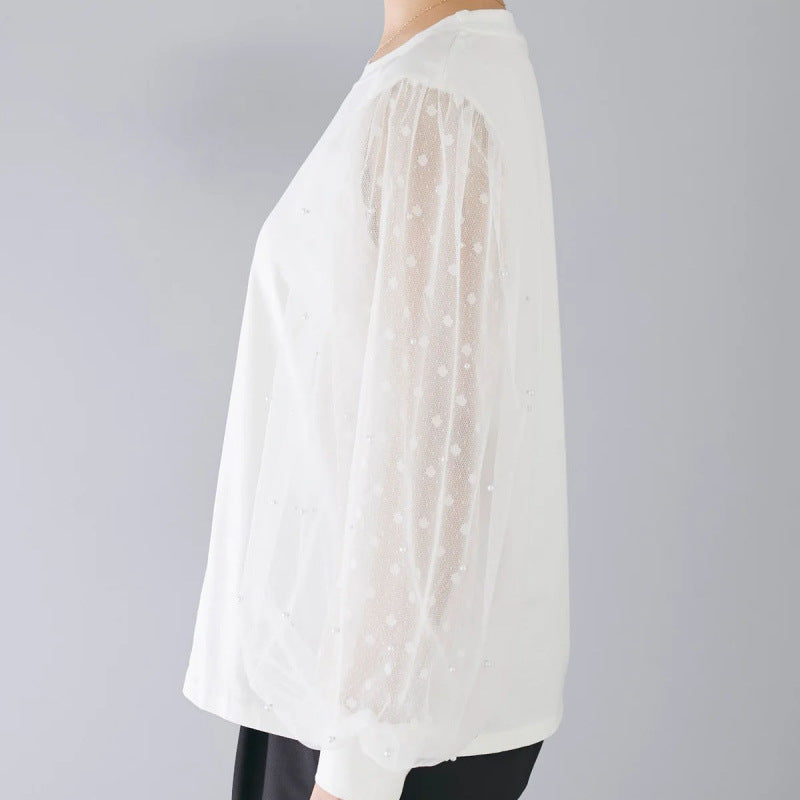 Women's Autumn Loose Split Stitching Mesh Long-sleeved Women's T-shirt