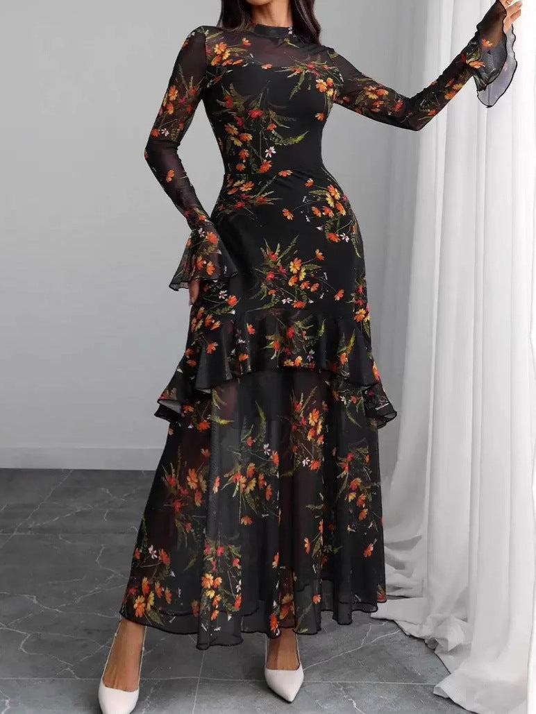Printed Black Ruffle Sleeve Plant Flower Print Niche Female Dress