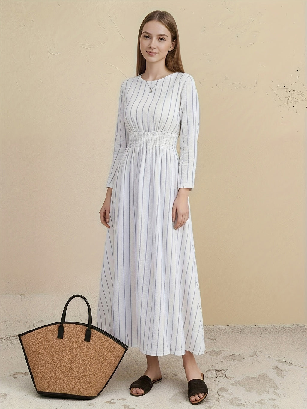 Women's Striped Crew Neck Long Sleeves Smocking Dress