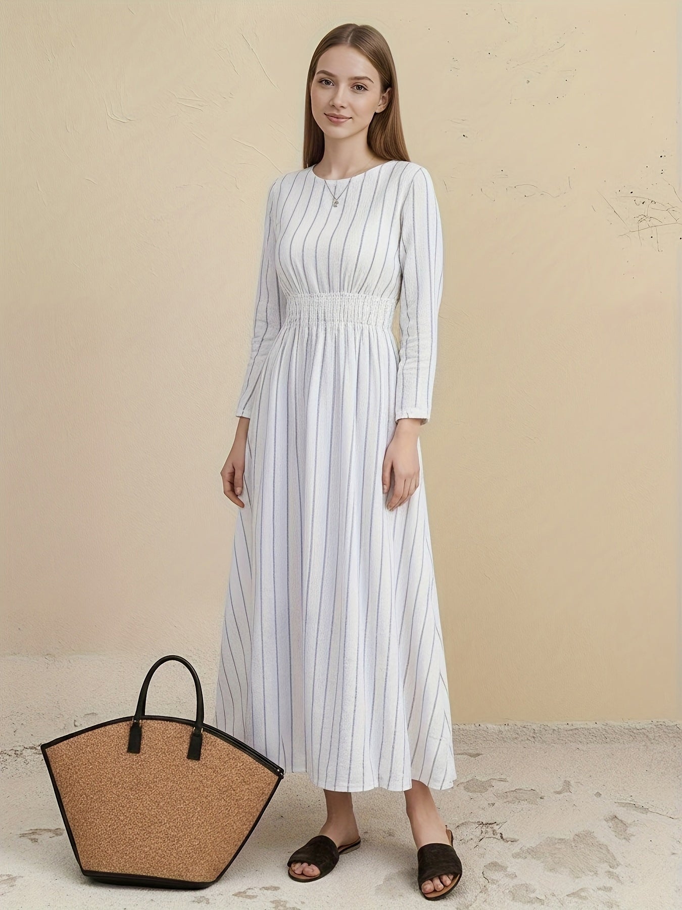 Women's Striped Crew Neck Long Sleeves Smocking Dress