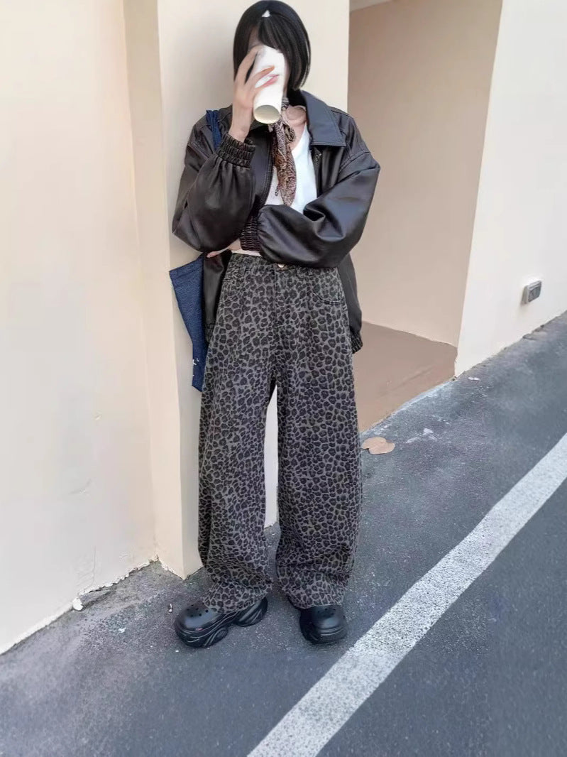 Women's & Men's Leopard Print Washed Distressed Straight Loose High Street Pants