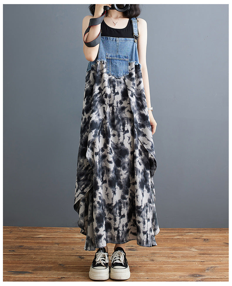 Color Loose Denim Stitching Floral Strap Dress