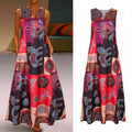Women's Vintage Printed Cotton Linen Sleeveless Pocket Summer Large Skirts