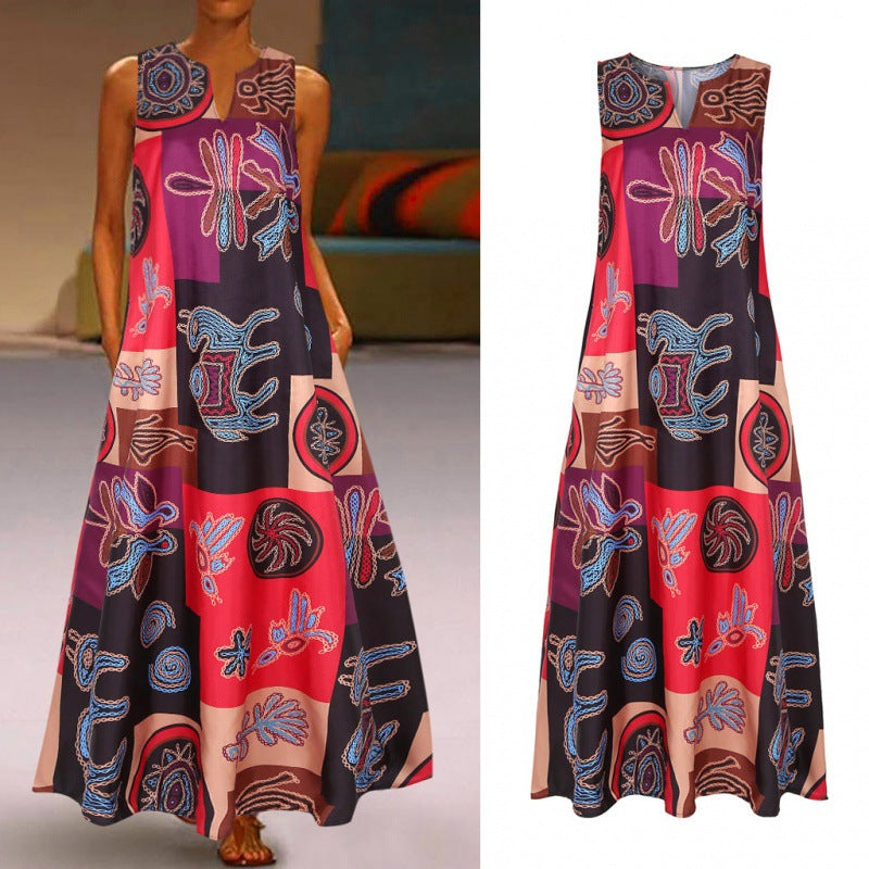 Women's Vintage Printed Cotton Linen Sleeveless Pocket Summer Large Skirts