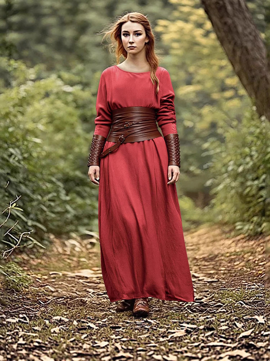 Women's Medieval Retro Crew Neck Long Sleeve Slim Artistic Cotton Linen Dress