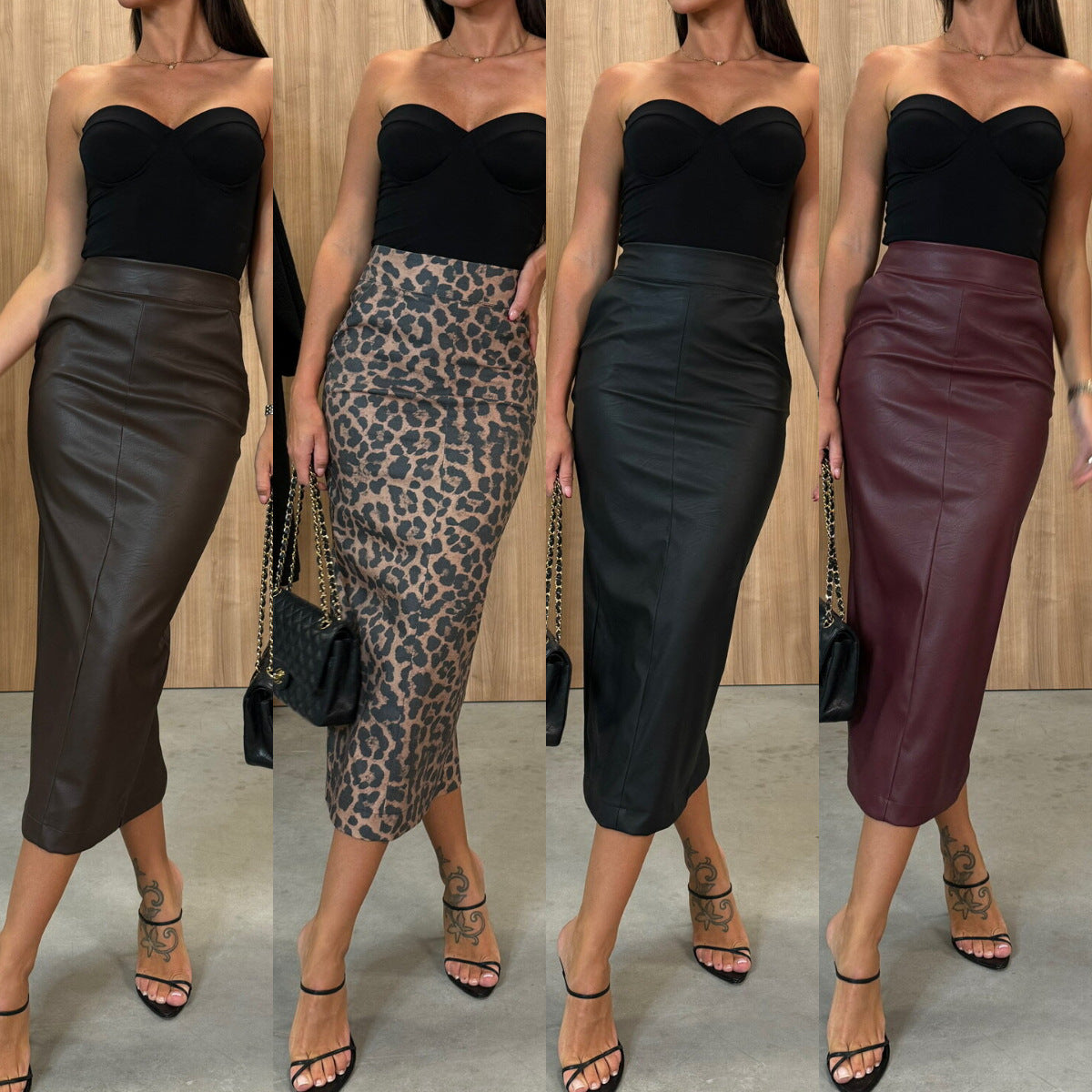 High Waist Split Leather Fashion Pocket Skirts