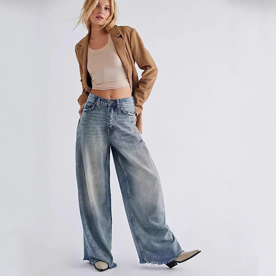 Retro Washed High Waist Straight Wide Leg Denim Women's Jeans