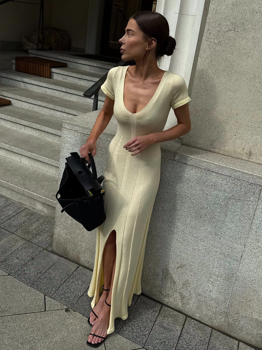 Innovative Beautiful Short-sleeved Knitted Slit Long Dress