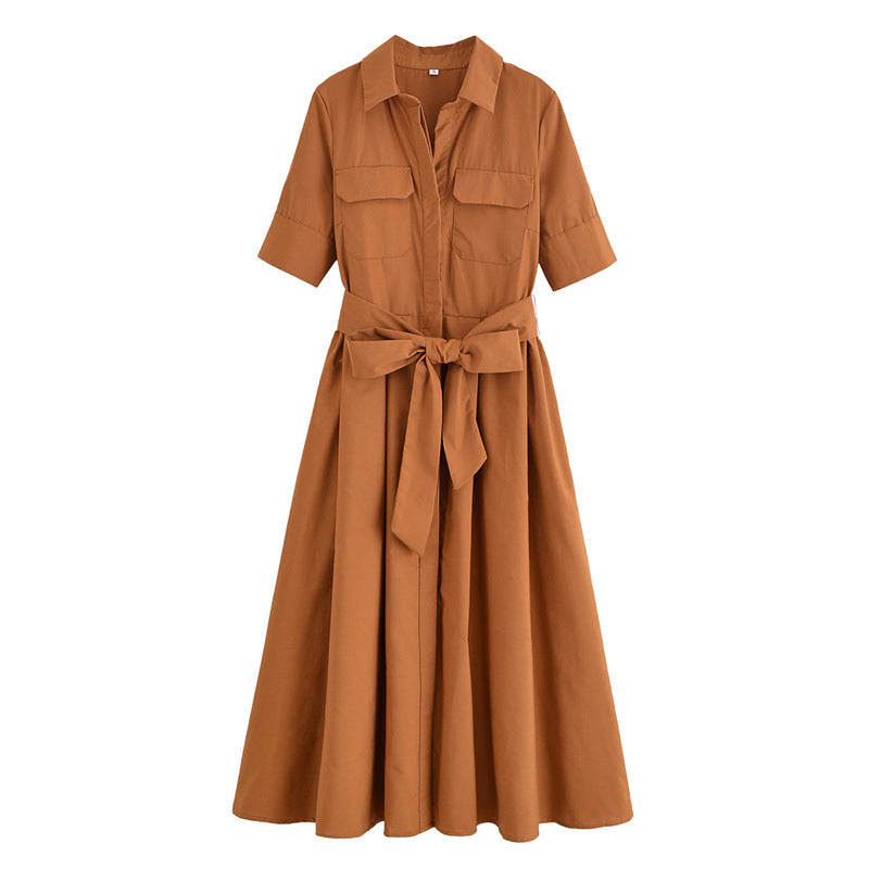 Fashion Polo Collar Single-breasted With Belt Shirt Dress