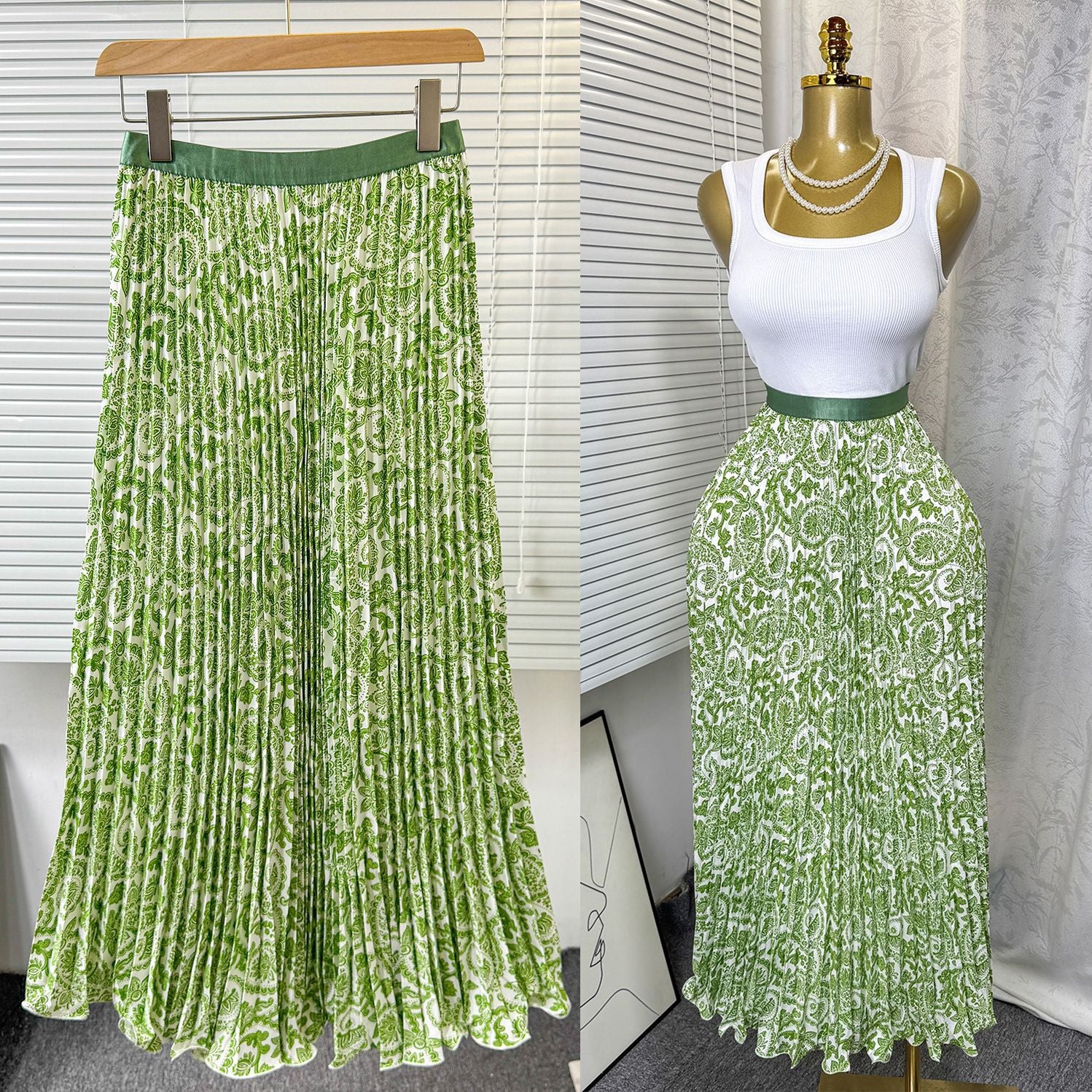 Women's Retro Printed High Waist A- Line Mid-length Pleated Large Hem Skirt