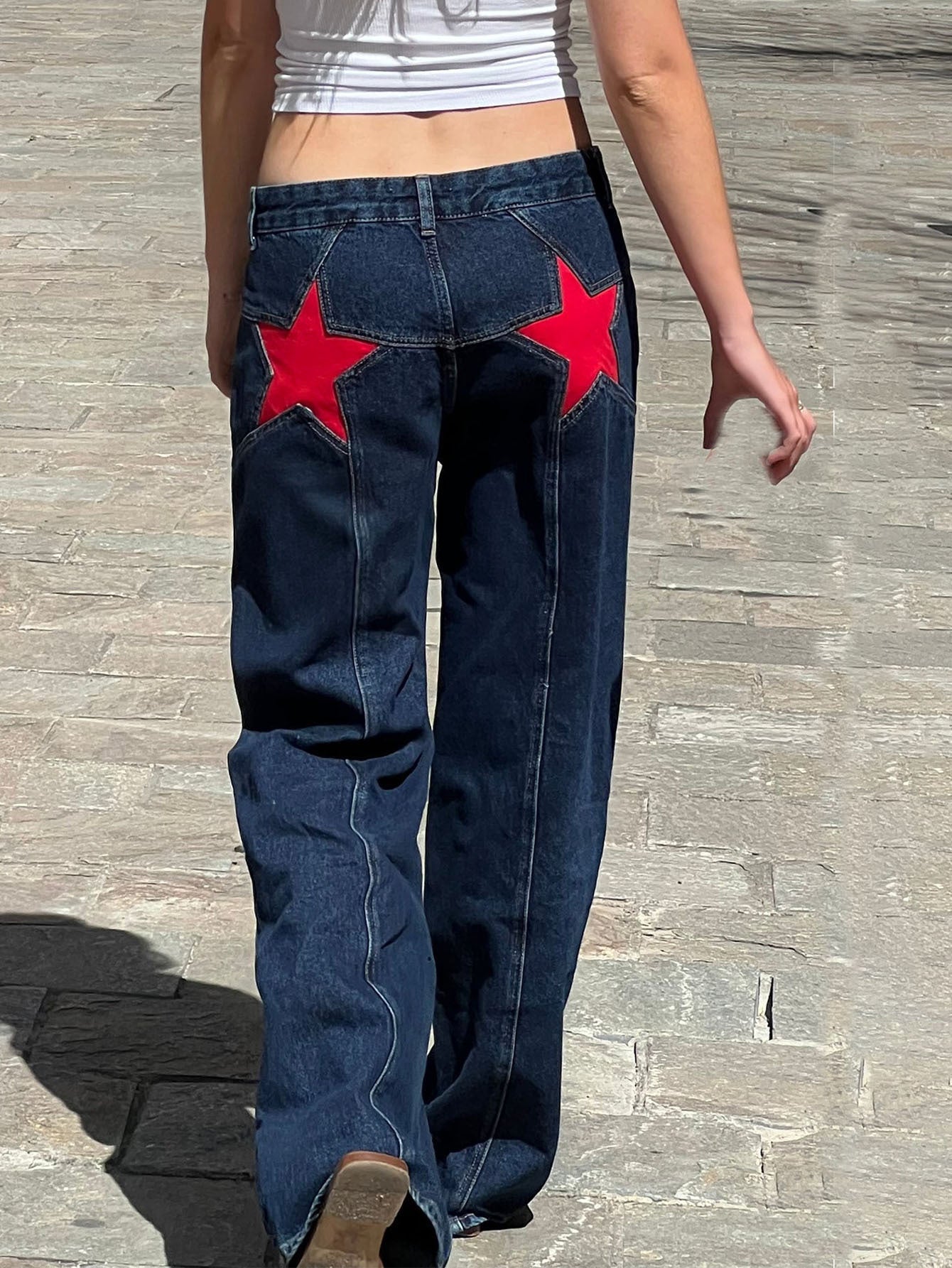 Hot Back Five-pointed Star Color Contrast Women's Jeans