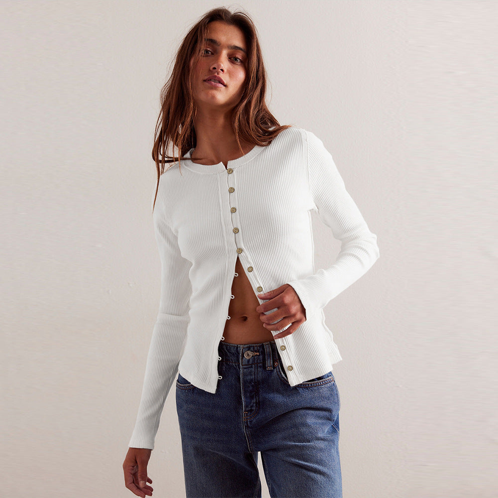 Women's Fashion Wear Long Sleeve Round Neck Button Rib Pure Color Women's Sweater