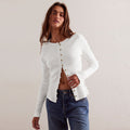 Women's Fashion Wear Long Sleeve Round Neck Button Rib Pure Color Women's Sweater