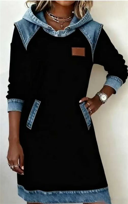 Denim Color Matching Ladies Hoodie Contrast Hat Dress