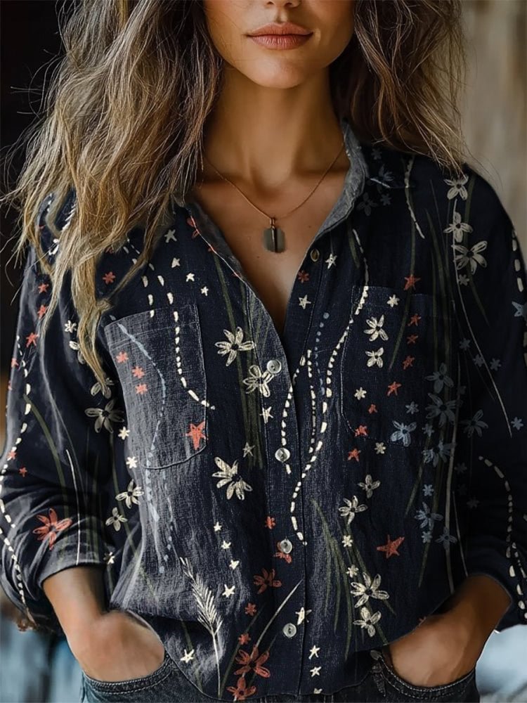 Women's Digital Printing Fashion Lapels Long Sleeve Blouse