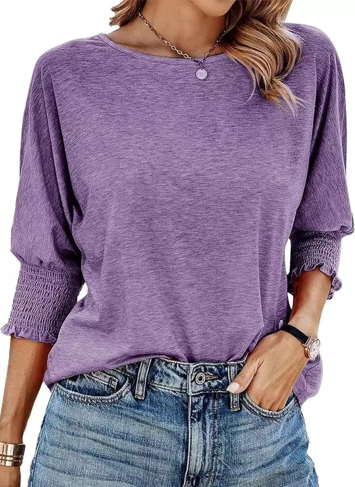 Women's Summer Stylish Loose Round Neck Cuff Smocking Long Women's T-shirt