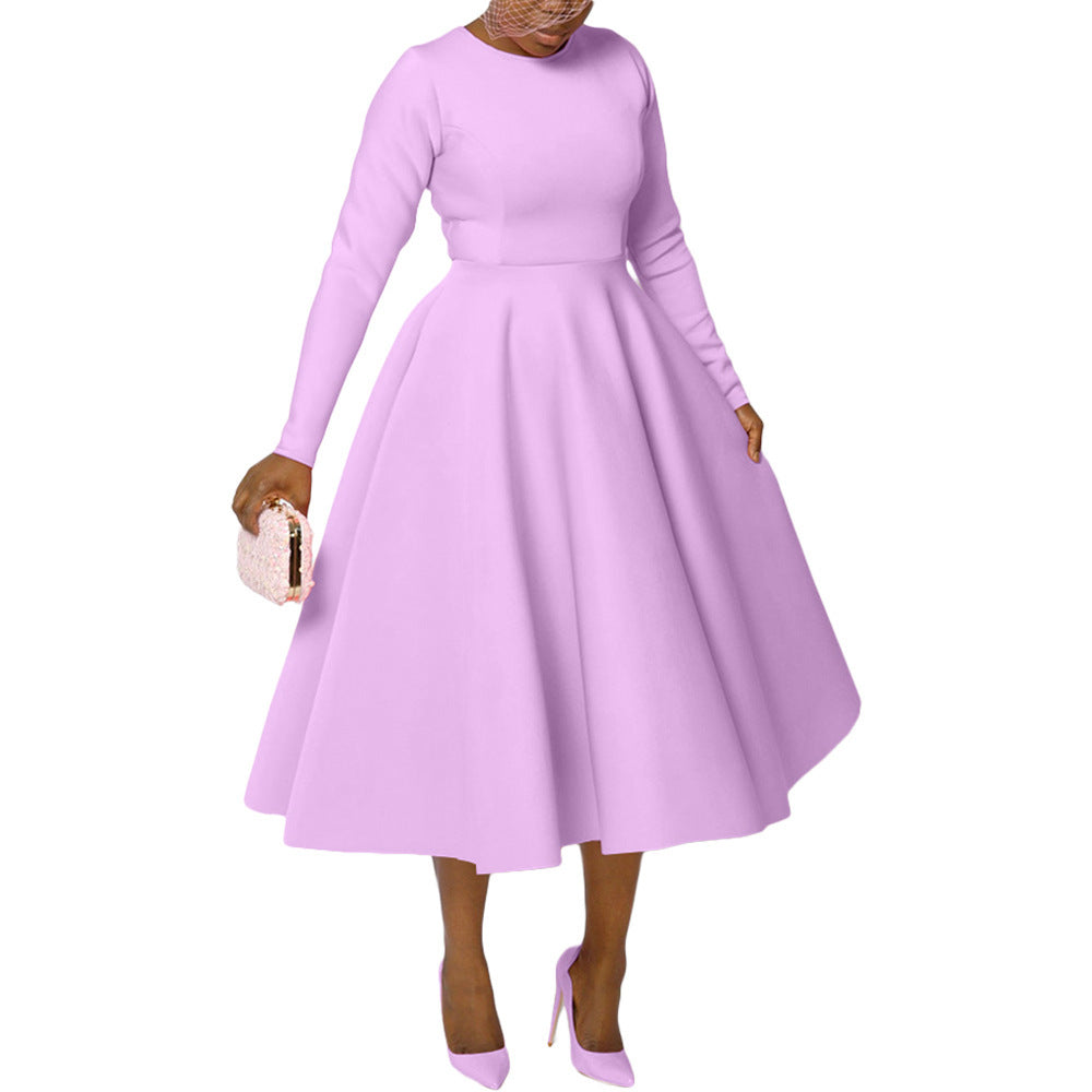 Women's Solid Color Round Neck Long Sleeve Flat Part Of Knife Dress
