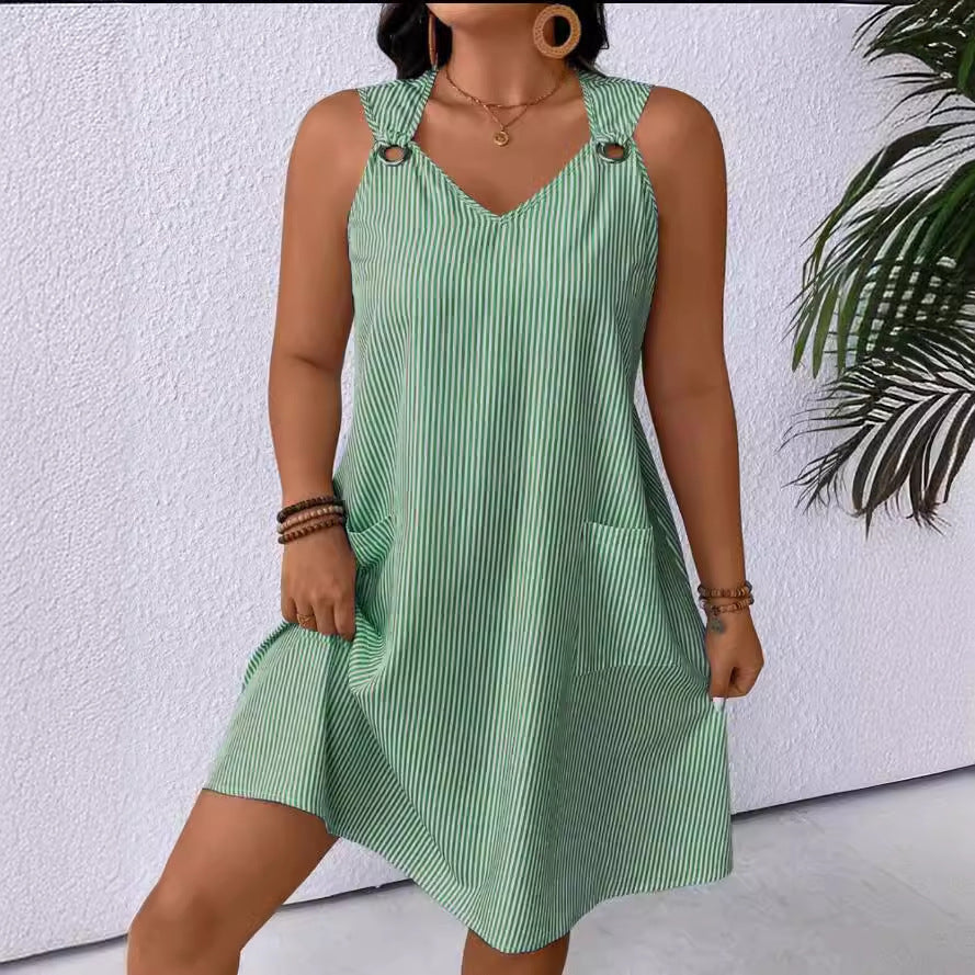 Creative Round Neck Pocket Striped Overall Skirts