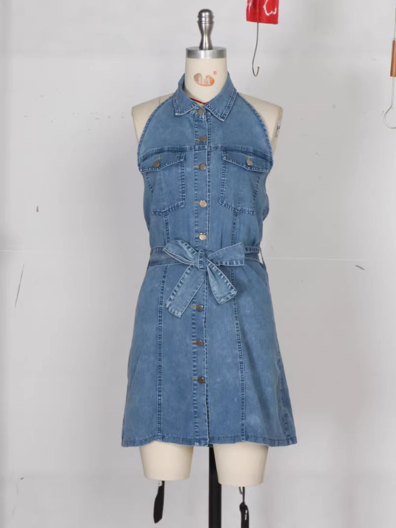 Women's Lapel Sleeveless Waist A- Line Fashion Dress