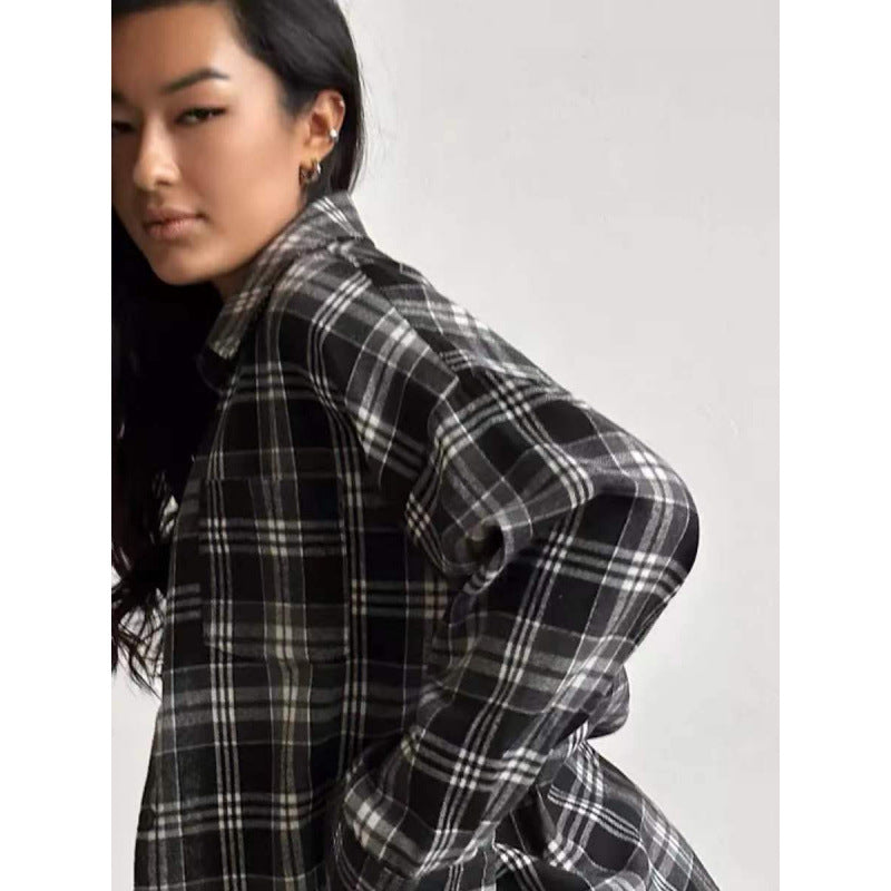 Women's Style Lapel Loose Shirt Autumn Plaid Long Blouse