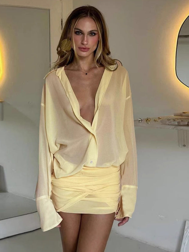 Women's Spring Sexy Lapel Sheath Shirt Elegant Dress