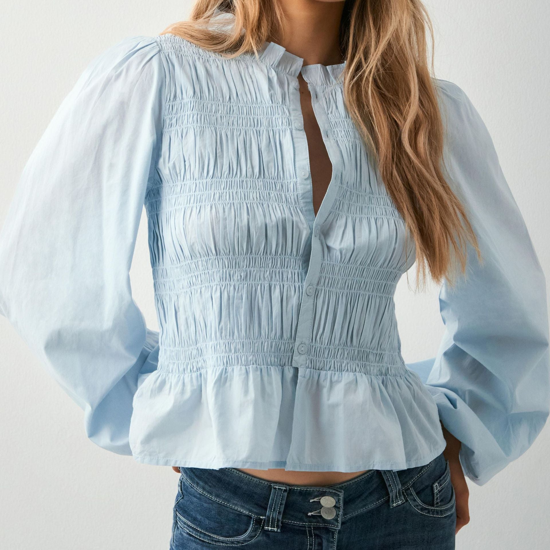Women's Pure Color Casual Versatile Button Shirt Puff Blouse