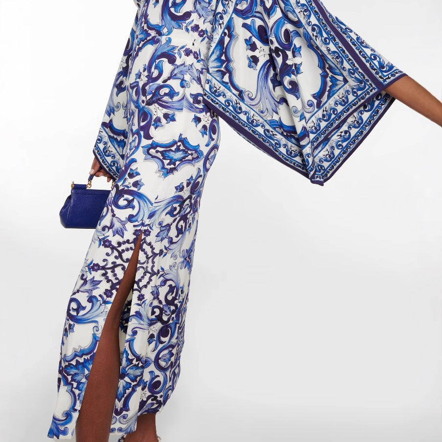 Fashion Blue White Porcelain Printed Loose Dress