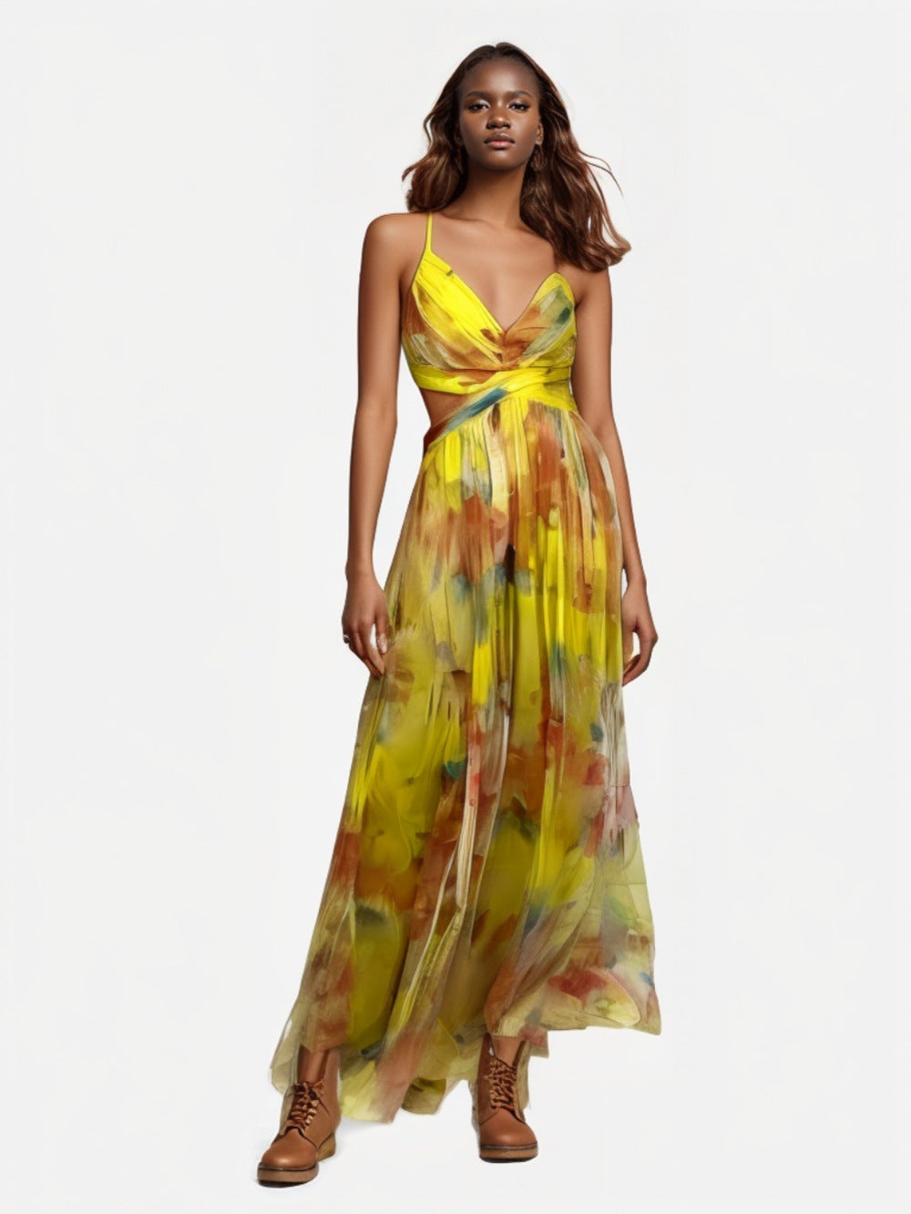 Popular Slouchy Mesh Printing Slip Vacation Dress