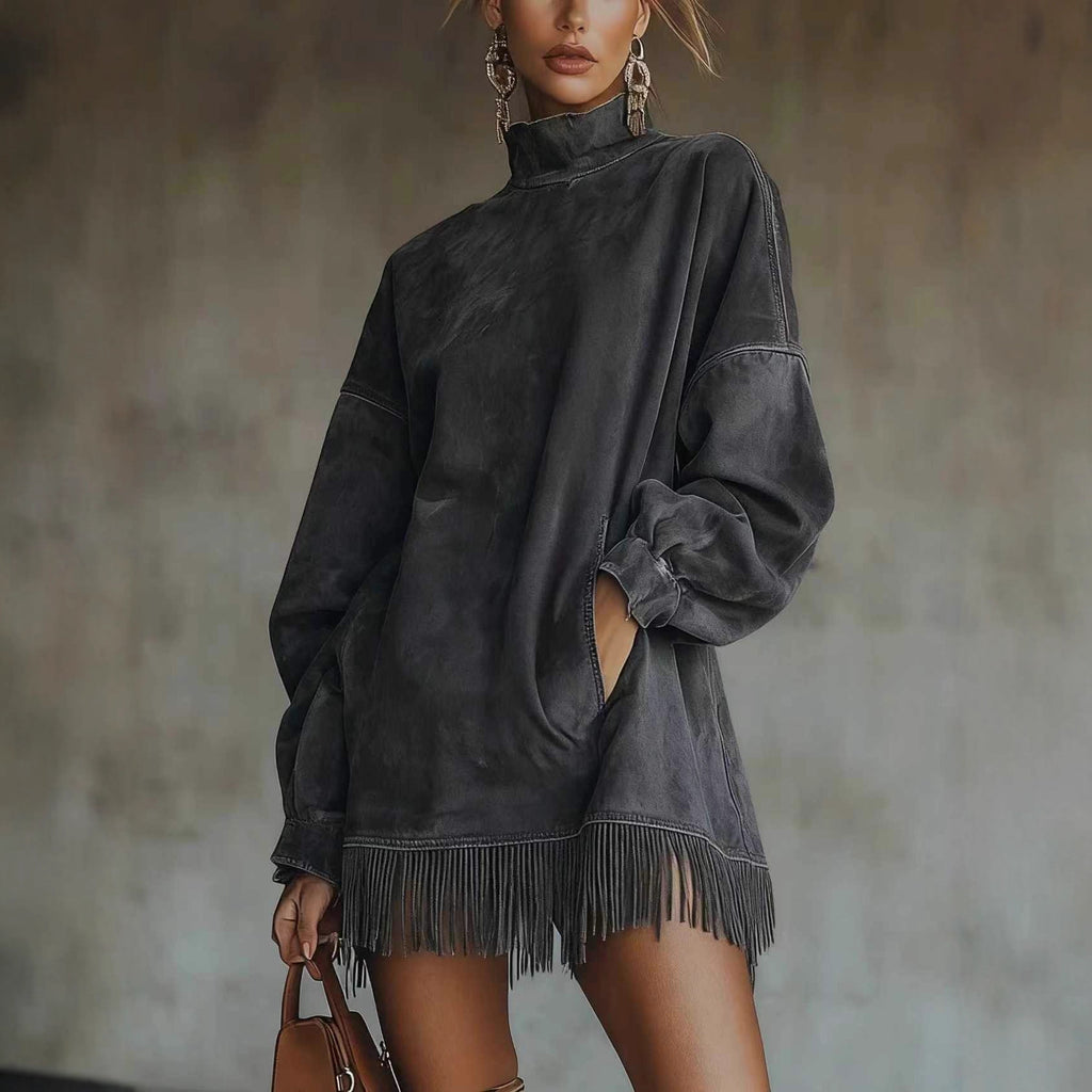 High Collar Loose Pocket Tassel Long Sleeve Dress