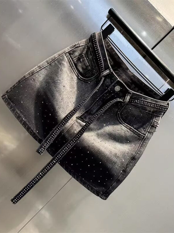 Rhinestone Denim High Waist Sexy A- Skirt