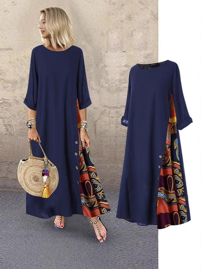 Floral Round Neck Contrast Color Button Dress