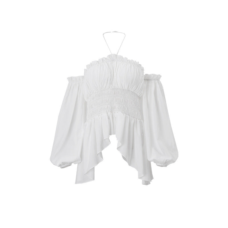 Women's Spring Sexy Pleated Ruffled Slim Fit Lantern Long Sleeve Women's T-shirt